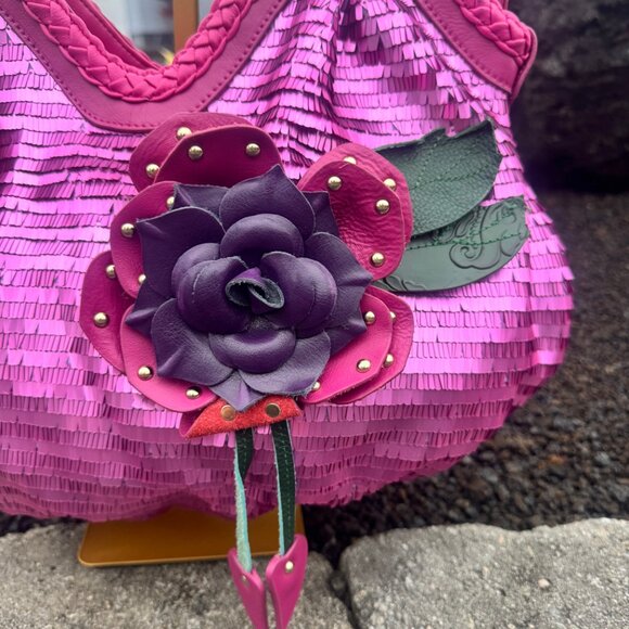 Sharif Designed in New York Pink Leather Sequin Fringe Shoulder Bag Magenta - Picture 7 of 17